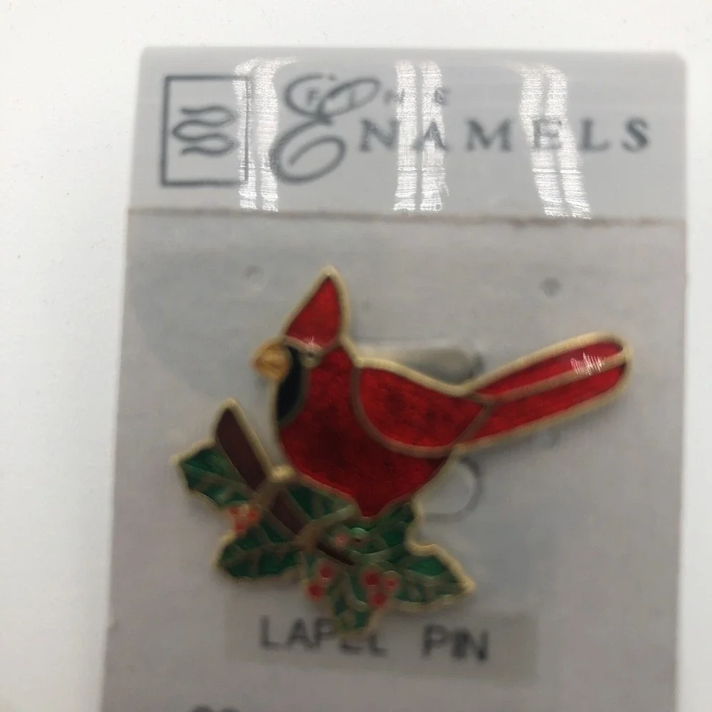 Cardinal Lapel Pin 22k Gold Plated New Enamels Red Bird Green Leaves‎